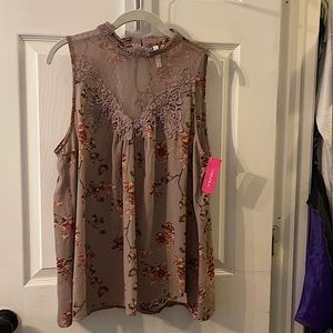 Dusty Purple Floral Tank w/ Embroidered Lace Yoke